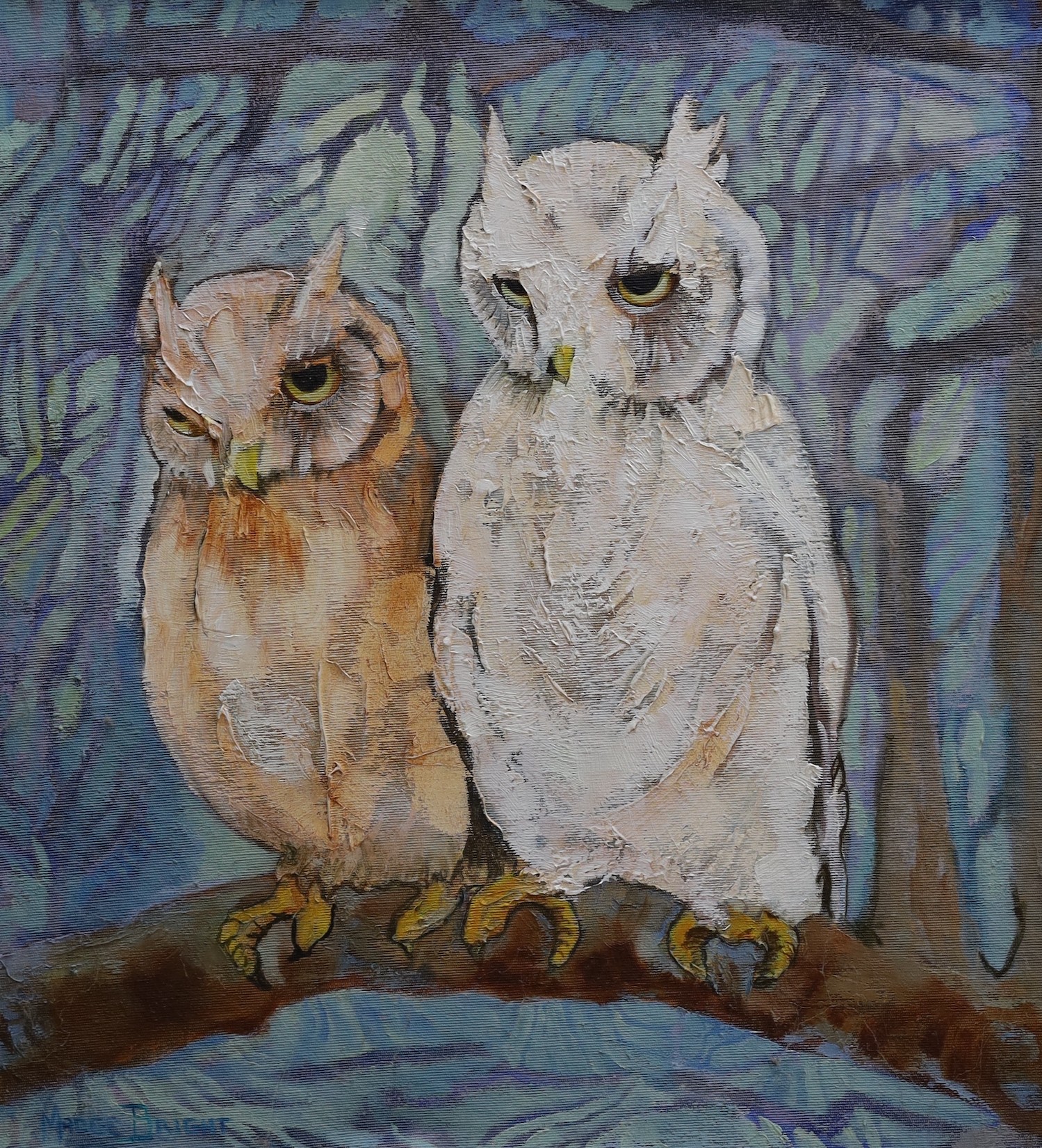 Madge Bright, oil on canvas, Owls perched on a branch, signed, 46 x 43cm